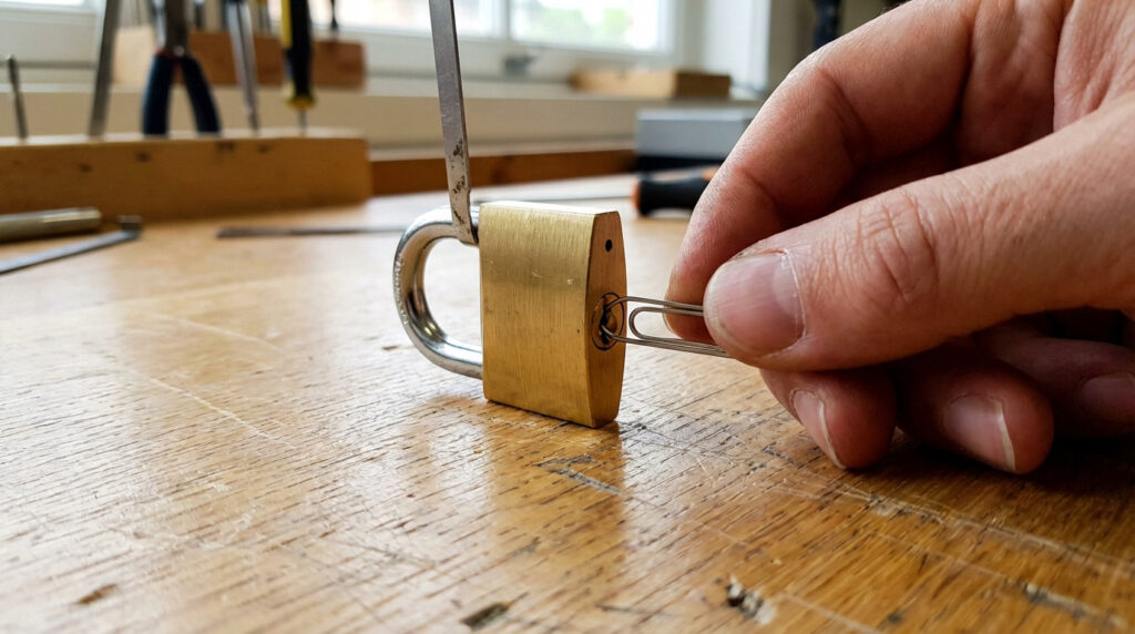 Close-up of a hand picking a brass padlock with a bent paperclip on a wooden surface. Soft light highlights the metallic tools and lock.