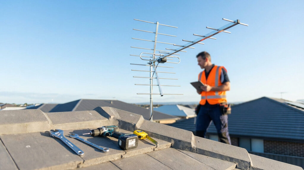 Professional installing a metallic TV antenna on a modern grey tiled roof. Tools are in the foreground, with a clear blue sky.