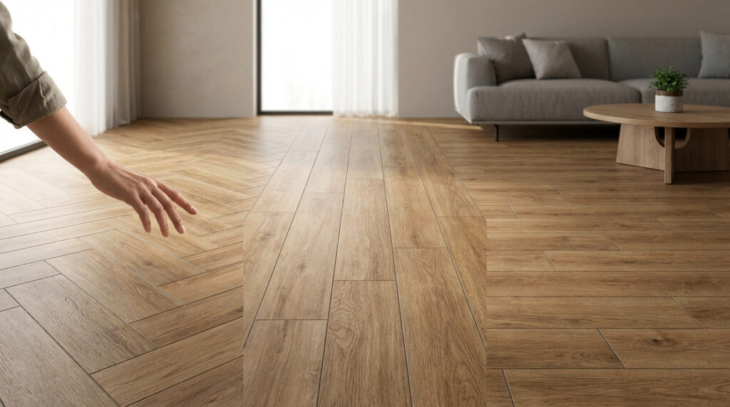 Hand over modern living room floor with warm oak wood-look tiles. Features herringbone, straight, and offset patterns under natural light.