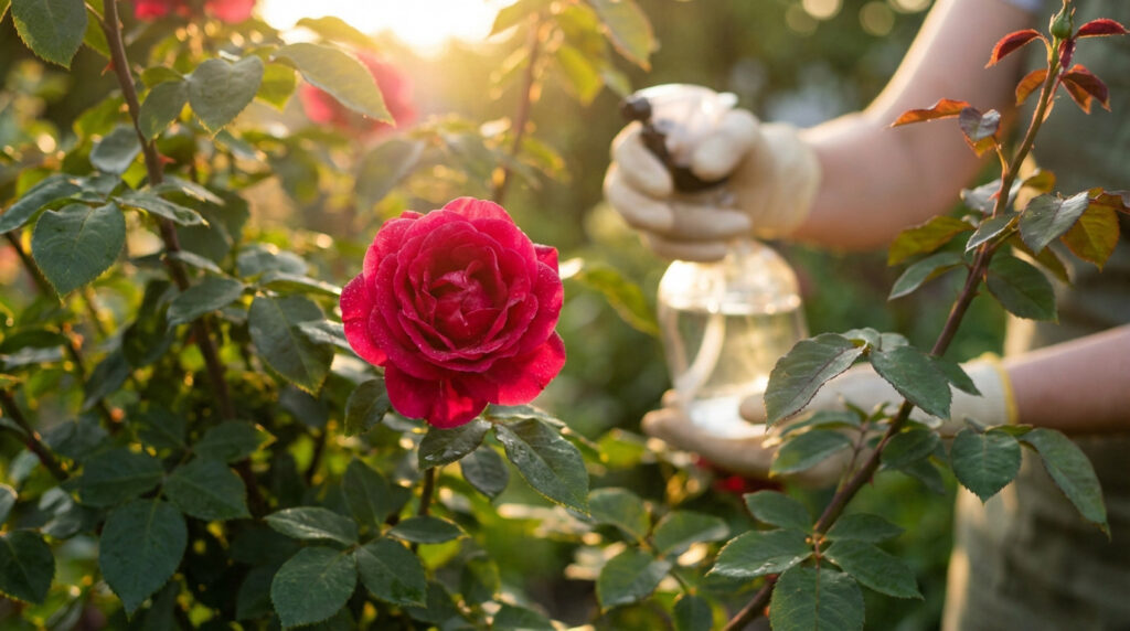 Close-up of a vibrant, dew-kissed red rose in a sunlit garden. A gloved hand holds a spray bottle, tending to the bush.