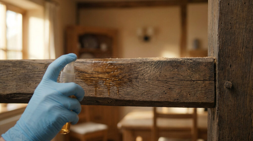 A hand in a blue glove sprays liquid onto an aged, termite-damaged wooden beam, with visible absorption. Blurred home interior.