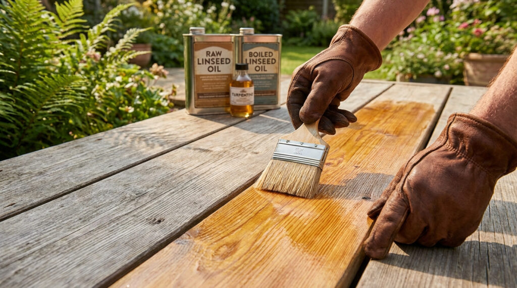 Gloved hands apply golden linseed oil to a weathered wooden deck with a brush, revealing rich grain. Linseed oil & turpentine cans in background, lush garden.