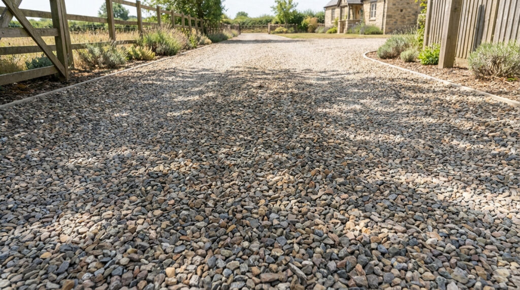 Vue d'une allée en gravier concassé bien entretenue menant à une maison, avec clôtures et végétation sur les côtés.