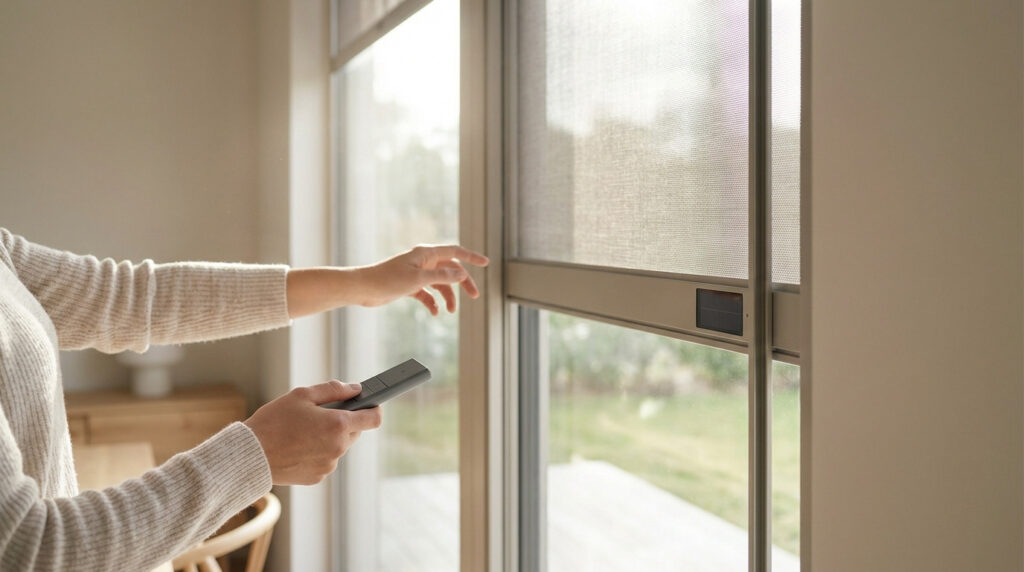 Mains d'une personne ajustant un store Velux solaire à l'aide d'une télécommande, avec panneau solaire visible.