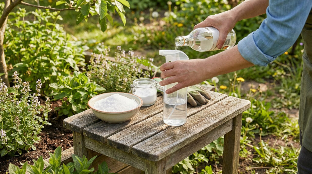 Mains versant du vinaigre dans un pulvérisateur pour désherbant. Sel, poudre et gants de jardinage sur un tabouret en bois au jardin.