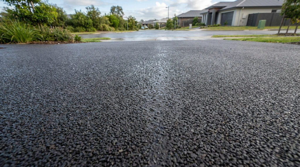 Surface d'enrobé drainant gris foncé avec des traces d'eau, vue de près vers une rue résidentielle et des maisons.