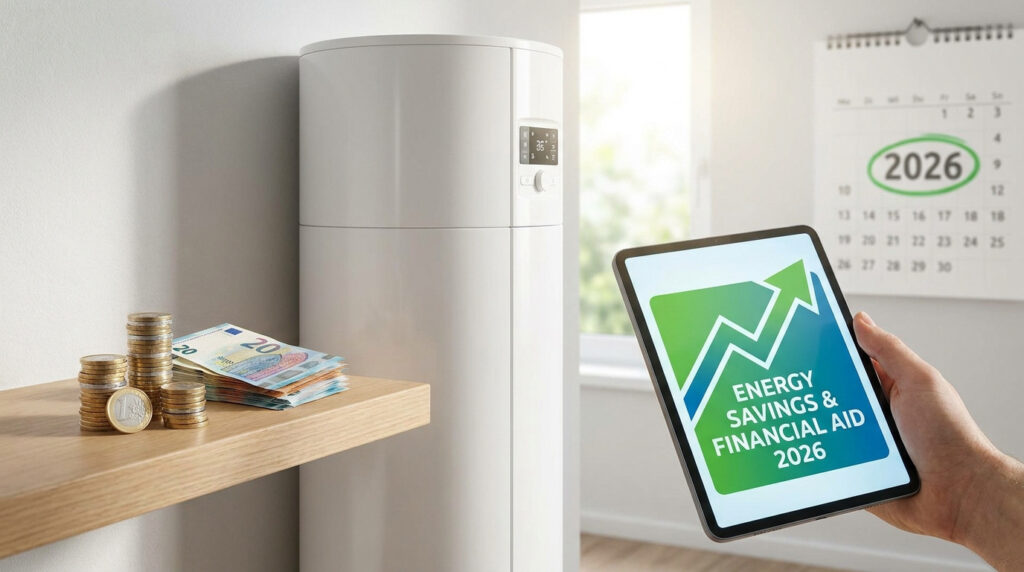Une main tenant une tablette affichant des économies d'énergie avec un chauffe-eau thermodynamique et des pièces en arrière-plan.