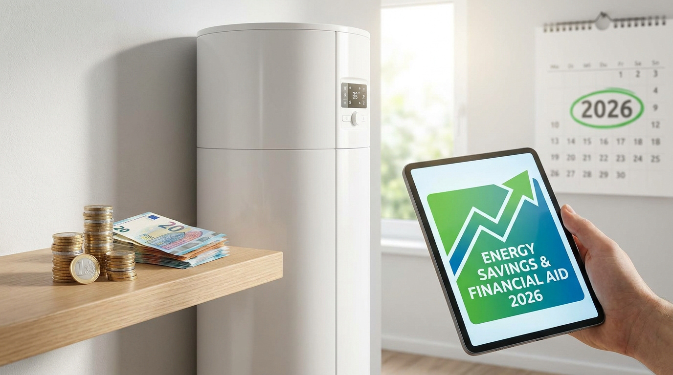 Une main tenant une tablette affichant des économies d'énergie avec un chauffe-eau thermodynamique et des pièces en arrière-plan.