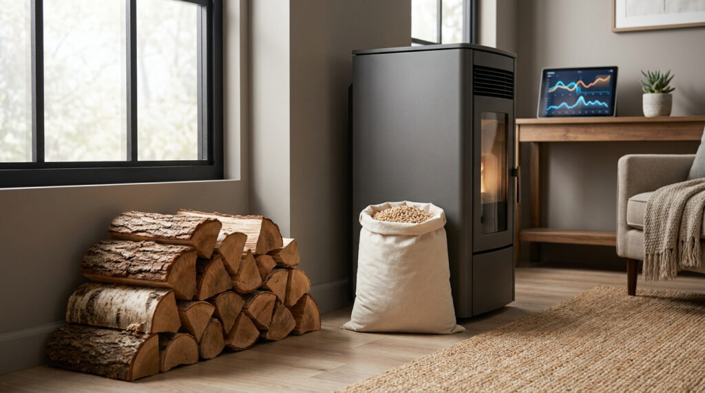 Un poêle moderne avec un sac de granulés et une pile de bûches dans un salon chaleureux.