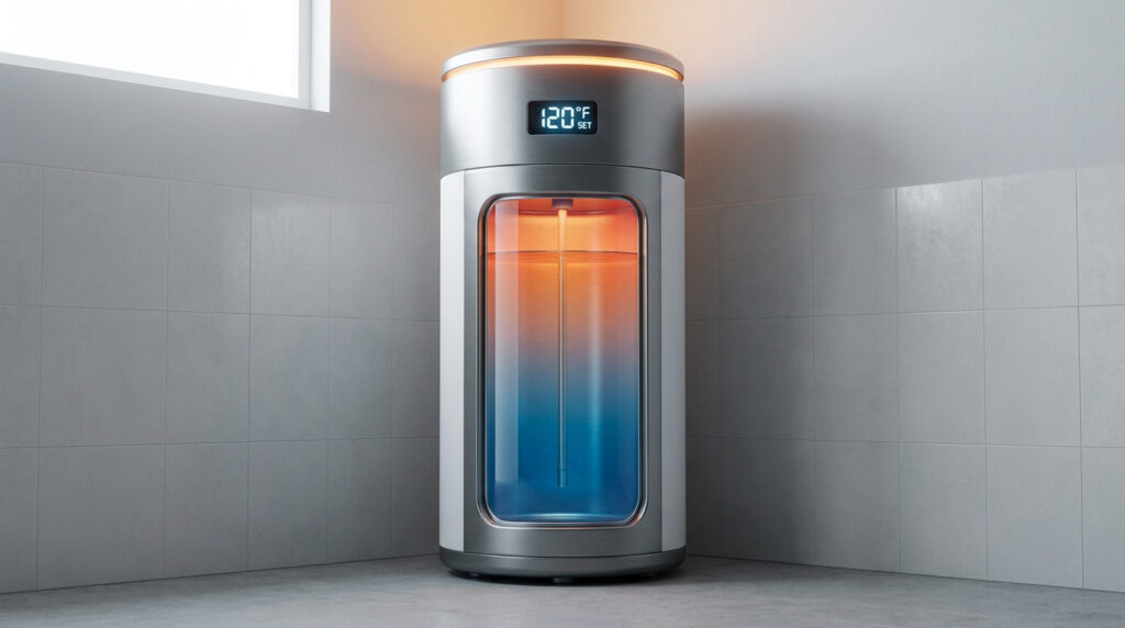 Chauffe-eau cylindrique en métal avec une fenêtre transparente montrant un gradient de température de l'eau.