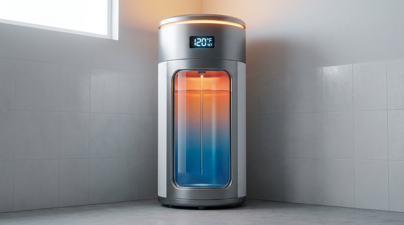 Chauffe-eau cylindrique en métal avec une fenêtre transparente montrant un gradient de température de l'eau.