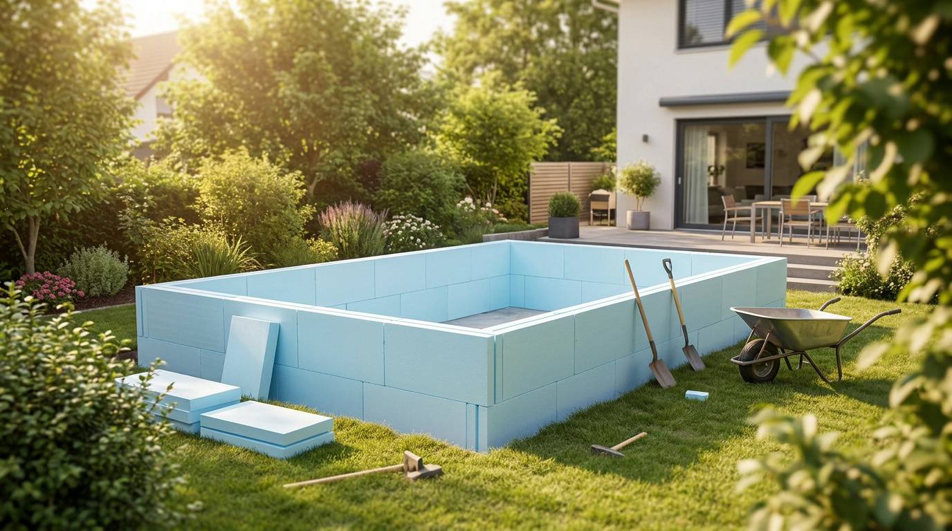 Bassin de piscine rectangulaire en blocs de polystyrène bleu en cours d'assemblage dans un jardin ensoleillé.