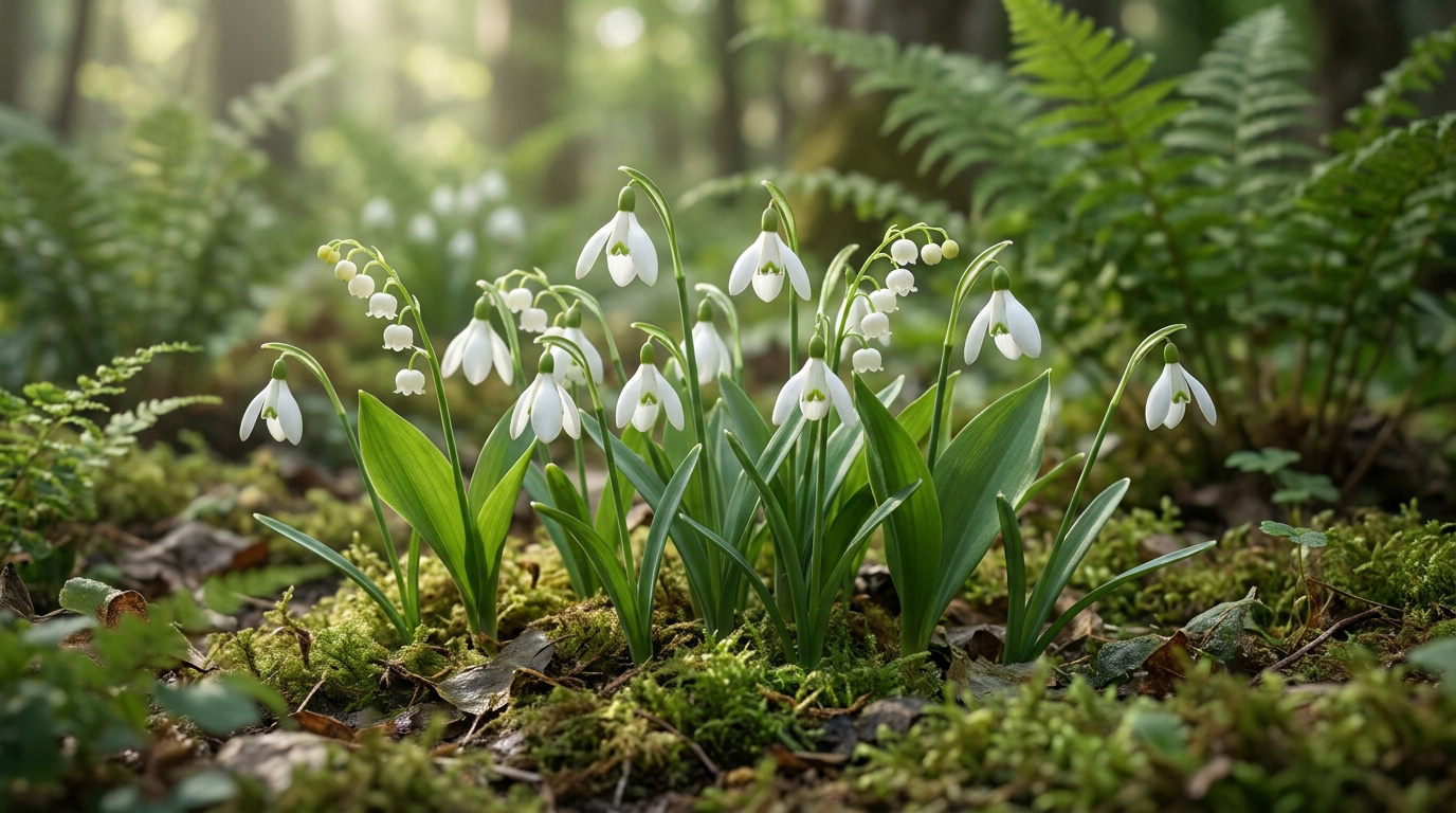 Groupe de perce-neige et muguet blancs en fleurs dans un sous-bois verdoyant et ensoleillé.