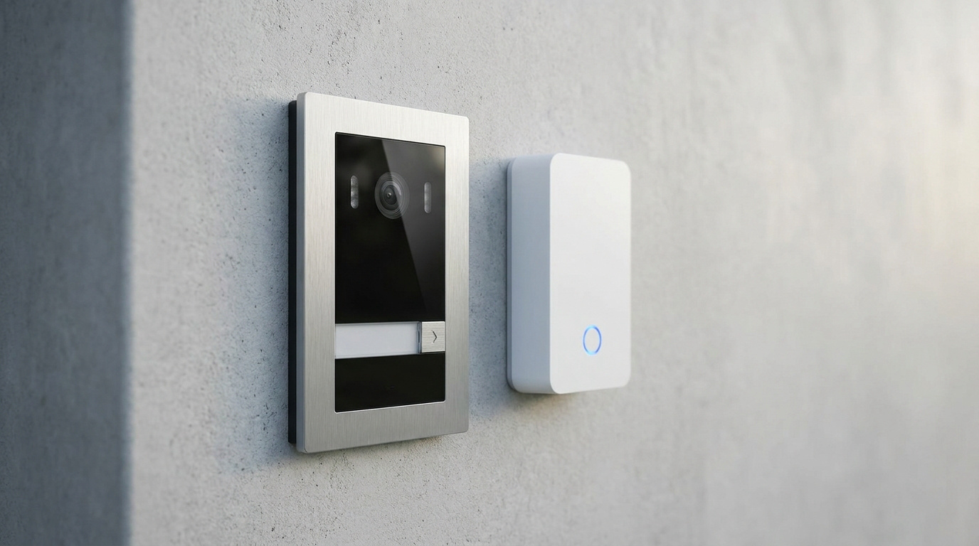 Visiophone en métal brossé et boîtier blanc sur un mur gris, équipement de sécurité pour entrée de maison.