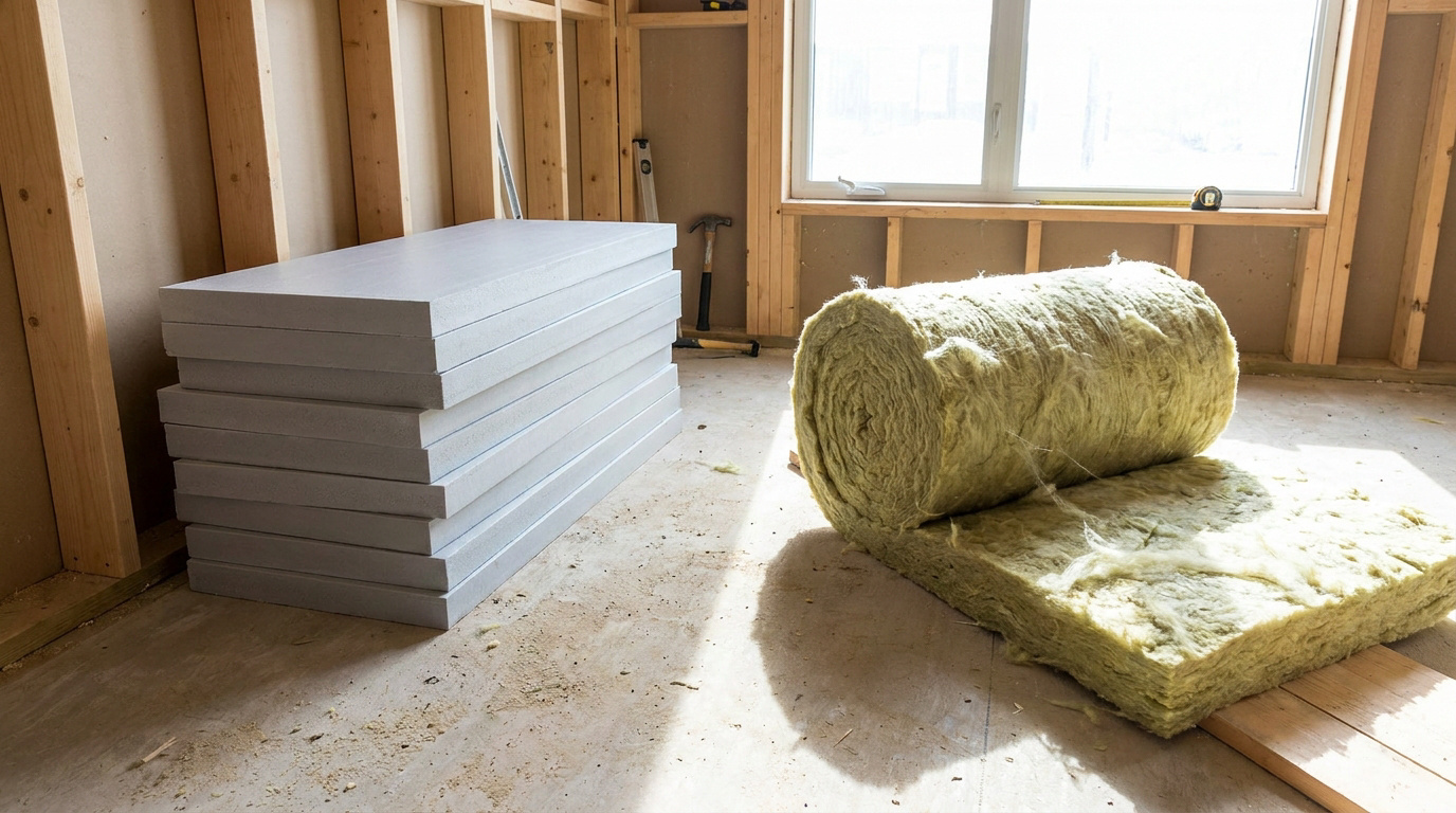Panneaux de polystyrène empilés à côté d'un rouleau de laine de verre dans une maison en construction.