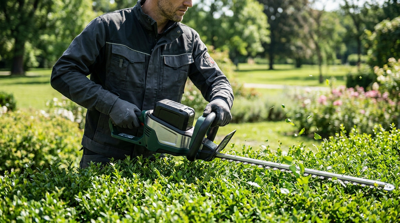 Un professionnel utilisant un taille-haie à batterie sans fil pour tailler une haie dans un jardin ensoleillé.