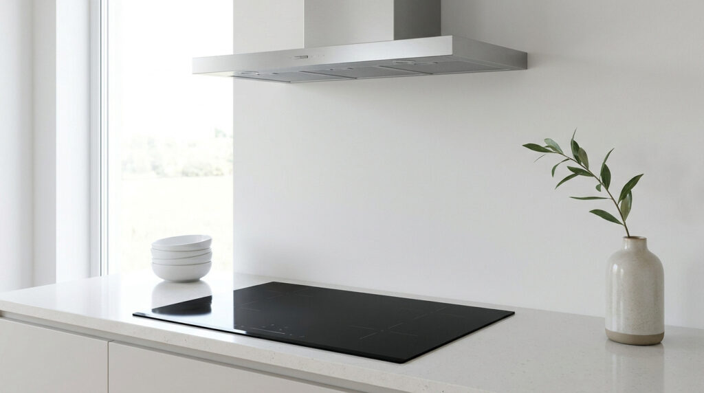 Plaque de cuisson noire encastrée sur un plan de travail blanc sous une hotte en inox dans une cuisine moderne.