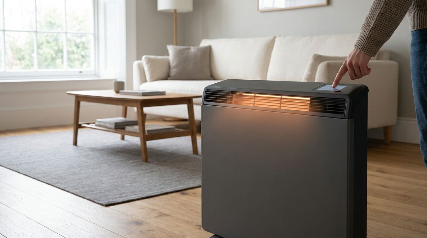 Une personne ajuste les réglages d'un radiateur électrique gris moderne dans un salon confortable.