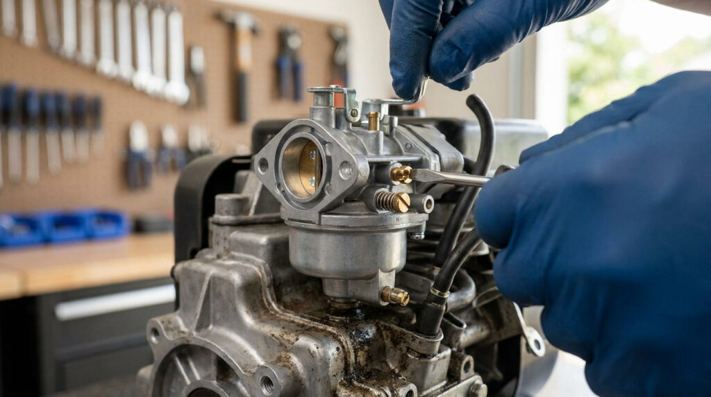 Mécanicien utilisant un tournevis pour ajuster les vis de richesse sur un carburateur de moteur Briggs & Stratton.