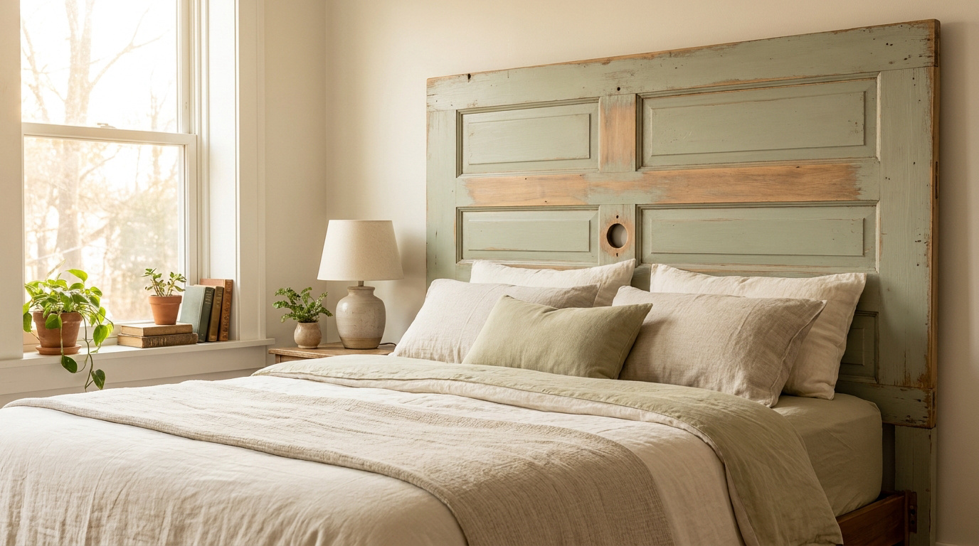 Chambre avec une tête de lit créée à partir d'une vieille porte en bois peint en vert pâle patiné.