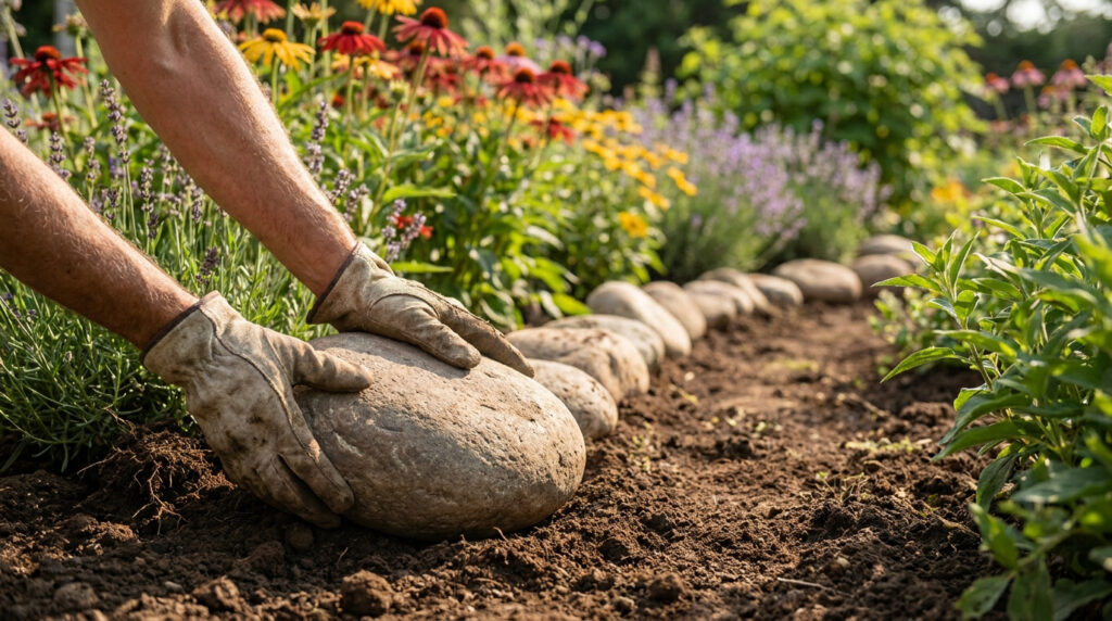 Mains gantées posant une grosse pierre pour créer une bordure de jardin naturelle dans un massif fleuri.