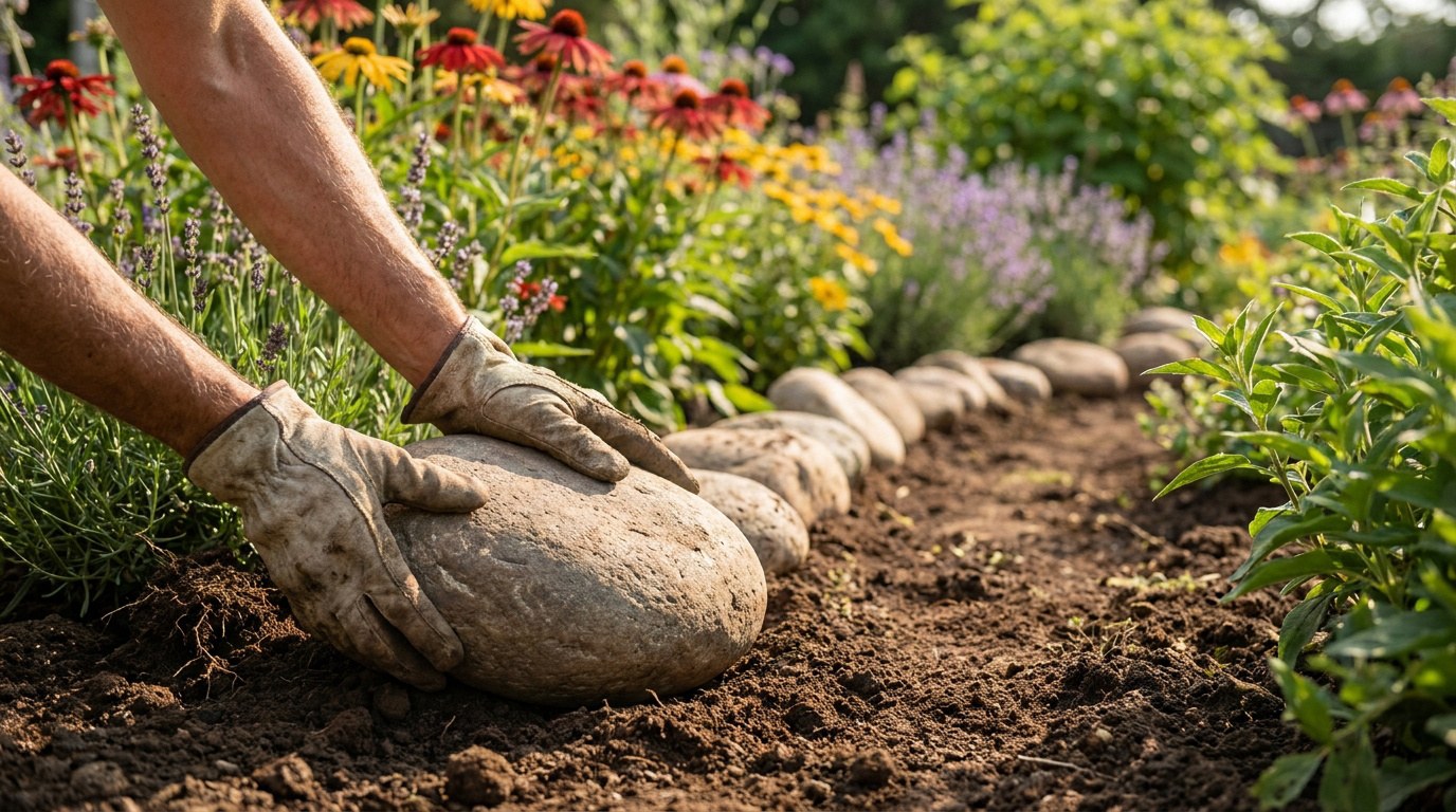 Mains gantées posant une grosse pierre pour créer une bordure de jardin naturelle dans un massif fleuri.