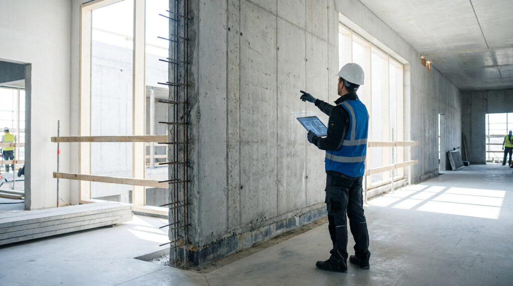 Un ingénieur en chantier inspecte un mur en béton armé à l'aide d'une tablette tactile.