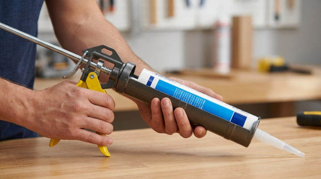 Une personne manipulant un pistolet à silicone pour retirer la cartouche dans un atelier.