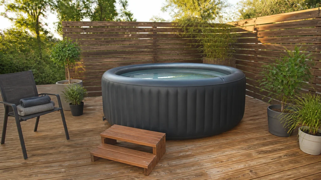 Illustration éditoriale pour l’article « Aménagement terrasse spa gonflable : réussir votre projet »